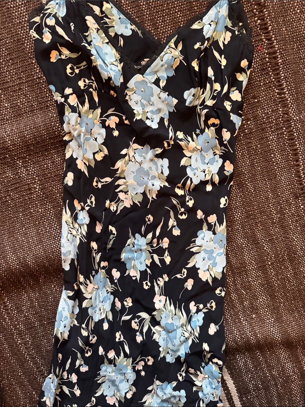 VINTAGE Floral Black Maxi Slip Dress with Light Blue Blooms - Picture 5 of 7